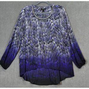 Alfani Asymmetric Hem Blouse Top Size 12 Black Purple Gray Beaded Stretch